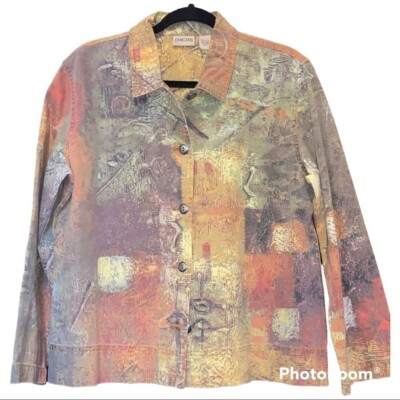 Vintage 90s Chico s Funky Patterned Boho Colored Denim Jean Jacket 12 L EUC