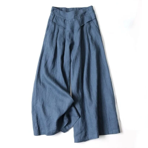 Lady Trousers Loose Elastic High Waist Bottom Casual Wide Leg Cotton Linen Pants - Picture 6 of 20