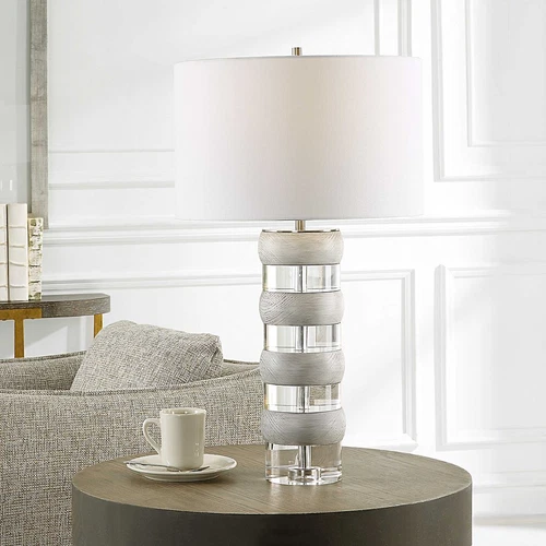 Stacked Crystal Wood Banded Table Lamp 28 in x 16 Two Tone Round Beige Clear - Picture 2 of 7