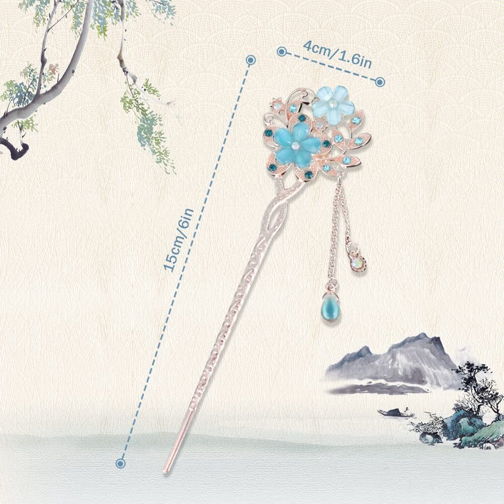 5 Colors Chinese Flower Hair Sticks Retro Glitter Rhinestone Hairpin Tassel