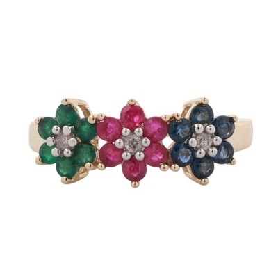 Mehrfarbiger Edelstein Diamant Floral Bandring 14K Gold 0,78 ctw Größe 6,75