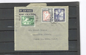 BRITISH GUIANA 1950 ISH AIR LETTER FOLDED GV1 FRANKING! TO USA SOME DAMAGE #317