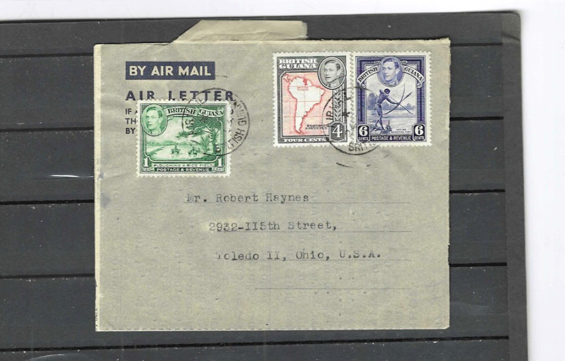 BRITISH GUIANA 1950 ISH AIR LETTER FOLDED GV1 FRANKING! TO USA SOME DAMAGE #317