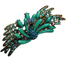 Vintage Unsigned Rhinestone Faceted Jeweled Peacock Hair Scarf Clip Heavy 4.5" L