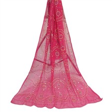 Sanskriti Vintage Dupatta Long Stole Pure Chiffon Silk Pink Hand Beaded Veil