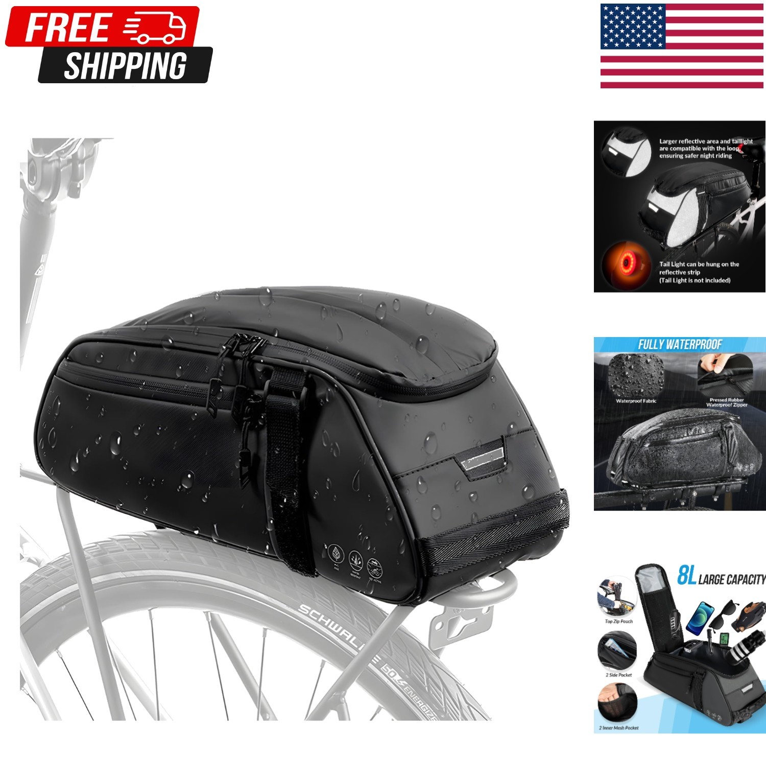 8L Waterproof Bike Rack Bag Rear Pannier Reflective Trunk Seat Bag for Ebike