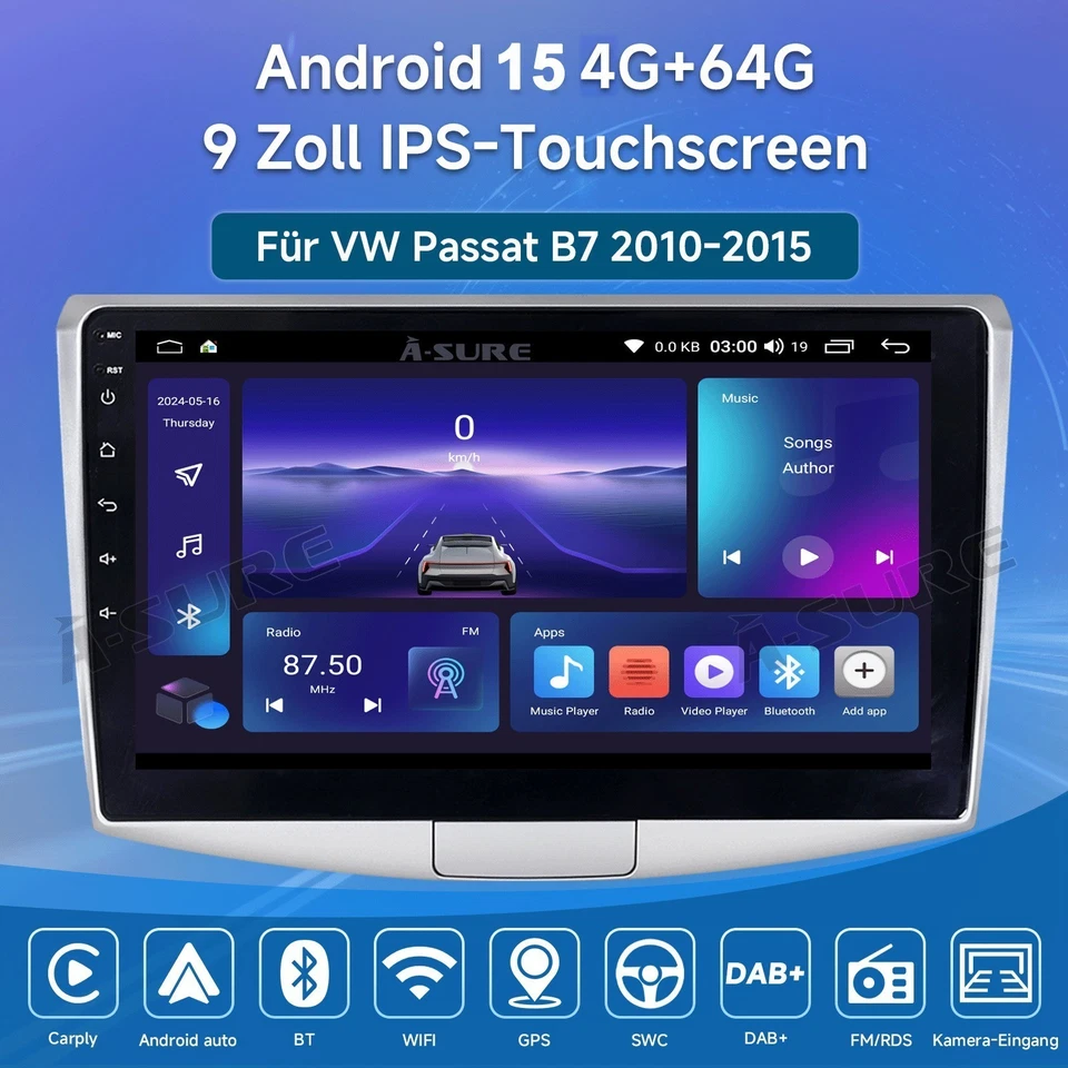 DAB+ 4+64G Android 15 Autoradio GPS Navi Kam für VW Passat B7 CC Diesel Saloon - Bild 3 von 4