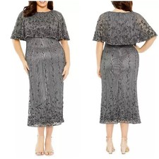 Mac Duggal Pewter Beaded Popover Cape Cocktail Midi Dress size 20 W