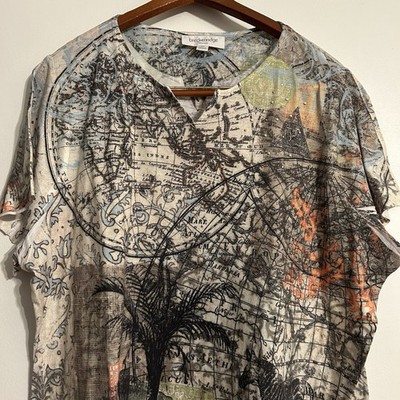 Breckenridge World Map Print Women s Top Cream Brown 2X Metallic Studs Travel