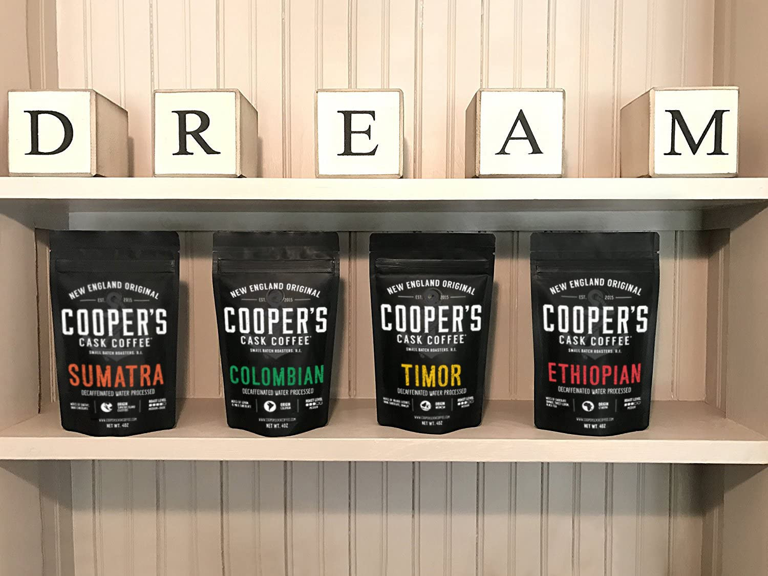 Decaf Gourmet Coffee Sampler Gift Box - Whole Beans 4-Pack & Organic Dark Roast