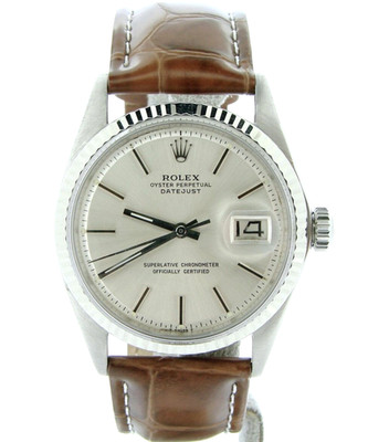 Rolex Datejust 1601 Mens Stainless Steel 18K White Gold Watch Silver Dial Brown
