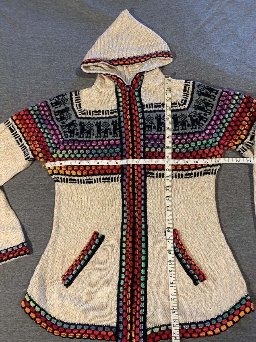 Vintage 70s Alpaca Knit Alpaca Peru Hoodie Sweater Cardigan Hippy