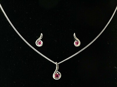 585 Weissgold SET Kette Ohrstecker 14 Karat Gold Mini Welle Zirkonia rubin
