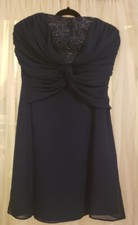 Evening strapless mini dress beaded on bodice criss cross chiffon on front navy