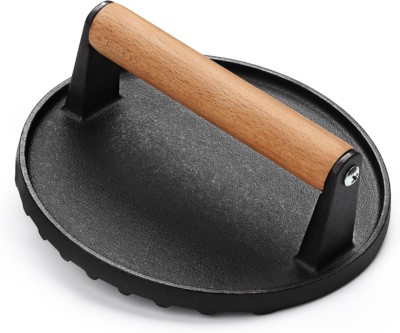 Heavy-Duty 7'' Round Cast Iron Smash Bacon Burger Press Wood Handle Grilling 