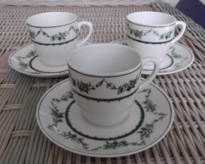 Set of 3 Vista Alegre Portugal Demitasse Cups & Saucers with Green Floral Swags