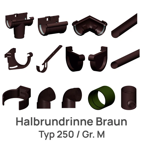 Dachrinne Regenrinne Typ250 Braun | Fallrohr + Zubehör DN60 | Kunststoff PVC