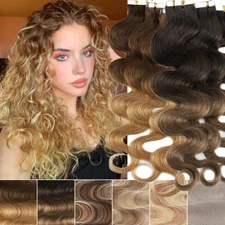 Body Wave Thick Tape In Skin Weft 100% Remy Human Hair Extensions Full Head 150g