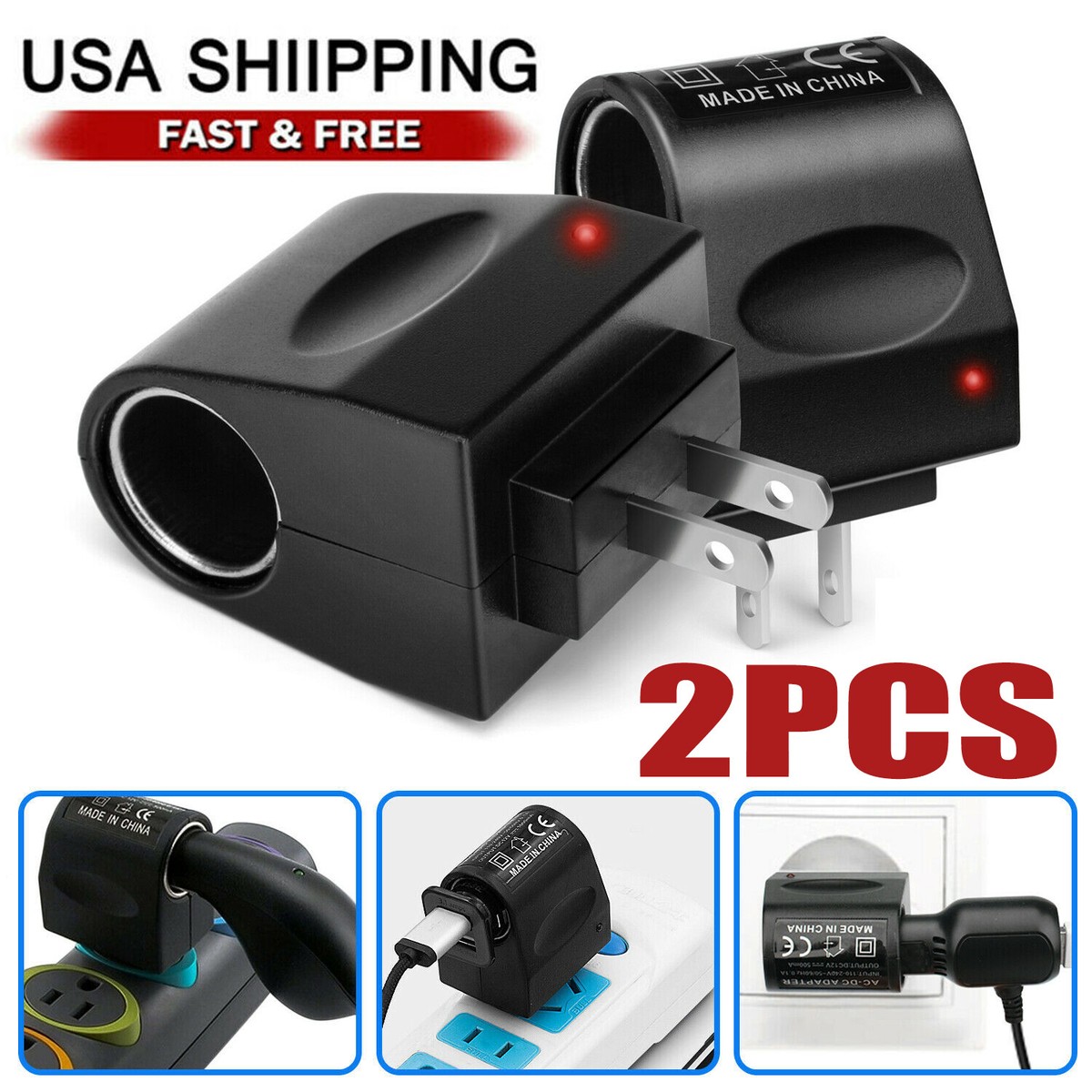 2Pcs 100-240V AC To 12V DC Car Cigarette Lighter Socket Power Adapter  Converter