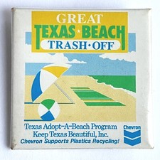 Vintage Chevron Gas Ad Great Texas Beach Trash Off Square Pinback Button 2 1/8"