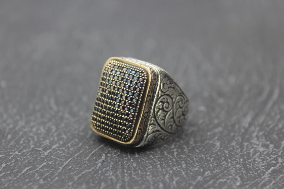 Anillo Grabado, Azul Marino Micro Circones Sólido Plata de Ley 925 Anillo Para Hombre Foto 2 de 4