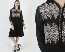 Vtg Black Edwardian Dress 40s Deco Victorian Embroidered Sheer Goth Tea Length