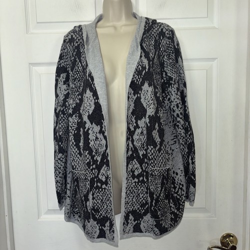 Chicos Zenergy Cashmere Cardigan Sweater Reversible Black Gray Hood Sz 3 XL XXL