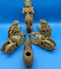 Vintage WOODEN Asian Burmese weaving LOOM PULLEYS Lot 6 Mythical Beings Fish