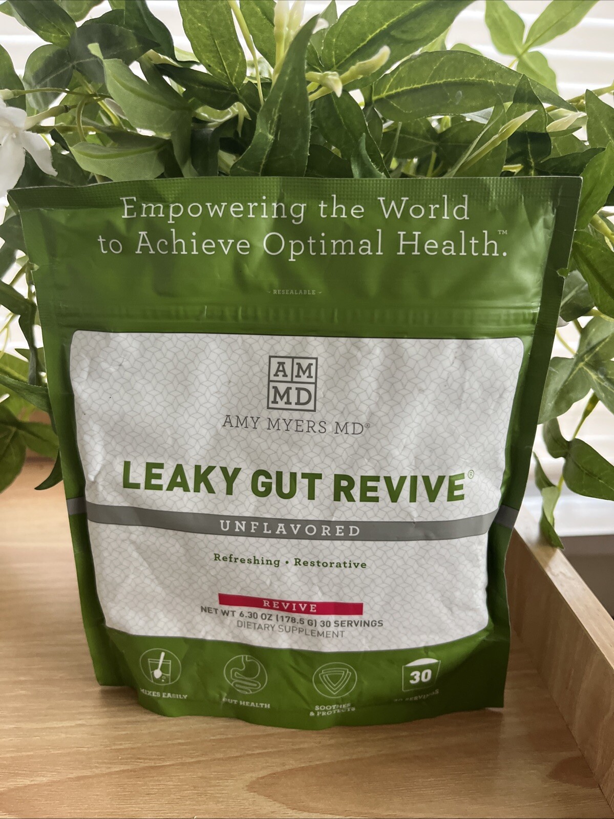 Polvo revive intestino permeable Amy Myers MD para reparación de intestino permeable -L glutamina caduca 3/25