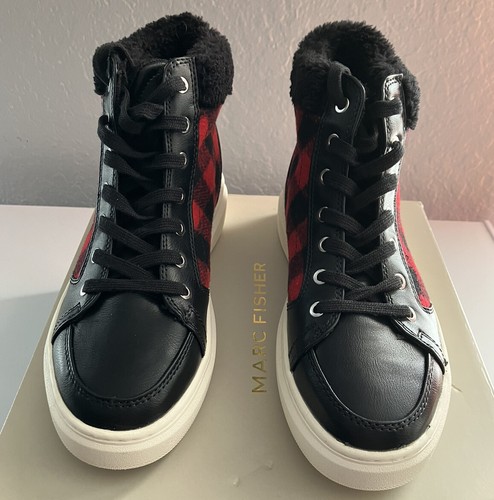 Marc Fisher FELLOW Women's Buffalo Black and Red Plaid Sherpa High Top Sneakers - Picture 3 of 9