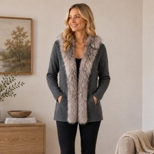 Neiman Marcus Cashmere Cardigan Gray Fox Fur Trim Open Front Sweater Small