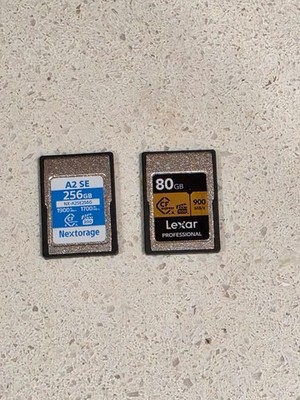 Two CF Express Type A Memory Cards - Lexar 80 GB and Nextorage 256 GB