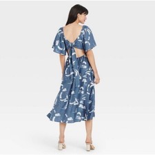 A New Day Blue Abstract Midi Dress | Size L | Open Back Tie