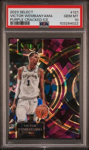 VICTOR WEMBANYAMA PSA 10 2023 PANINI SELECT #121 PURPLE ICE ROOKIE /99 SPURS MVP