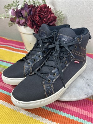 Levi s Men s Canvas Leather Lace Up High Top Navy Blue Tennis Shoes Size 10.5 M