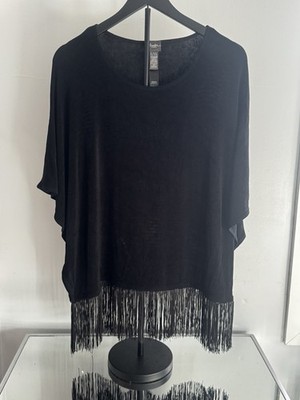 Chico s Travelers Black Fringe Hem Top L/XL   Boho Chic Draped Stretchy Tunic