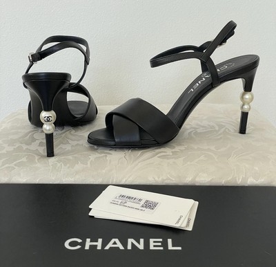 NIB Chanel 20B Pearl CC Lambskin Black Heels Sandals 36.5 | eBay