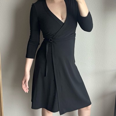 BCBGMaxazria True Wrap Dress Size XS Black 3/4 Sleeve Knee Length Office Career