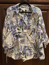C&C California 100% Linen Floral Tunic Top Blouse Size 1X Short Sleeve Knit