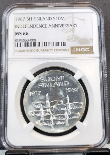 1967 FINLAND SILVER 10 MARKKAA INDEPENDENCE ANNIVERSARY NGC MS 66 SCARCE GEM BU
