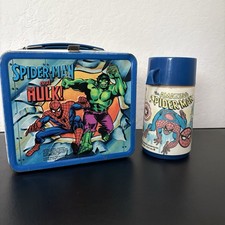 Capitan America Spiderman Hulk Metal Lunch Box 1980 Aladdin Thermos Marvel Comic