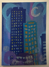 ACEO Original Art - Sognante pastello paesaggio urbano bokeh luci notti