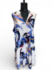 Nine West XXL Abstract Print Sleeveless Dress Blue Ivory Button Front Drop Waist