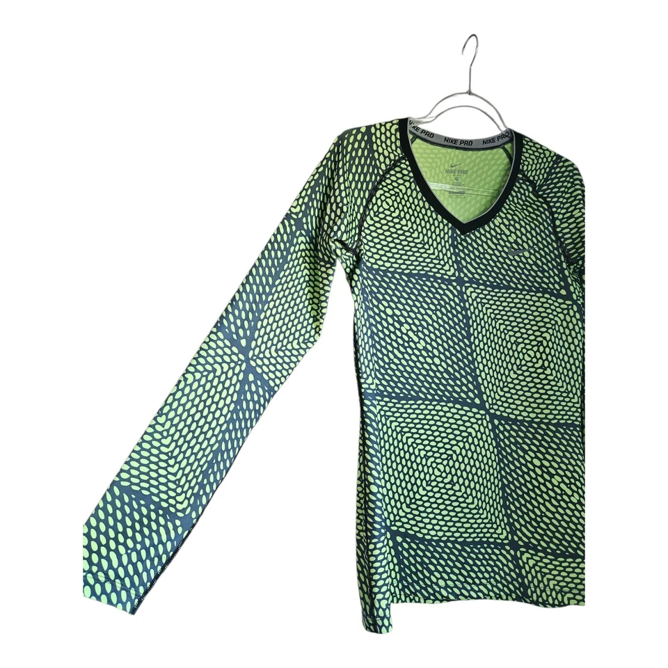 Camiseta Nike Pro para mujer M verde lima negra manga larga ajustada calce seco cuello en V elástica Foto 3 de 4
