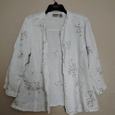 Chicos Jacket Large / 2 Embroidered Linen Ruffle Cottage Granny Artsy Lagenlook