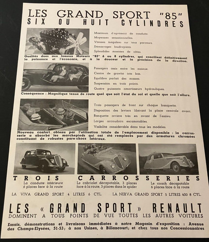 French 1938 Renault Grand Sport 85 - Vintage Original Print Ad / Wall Art