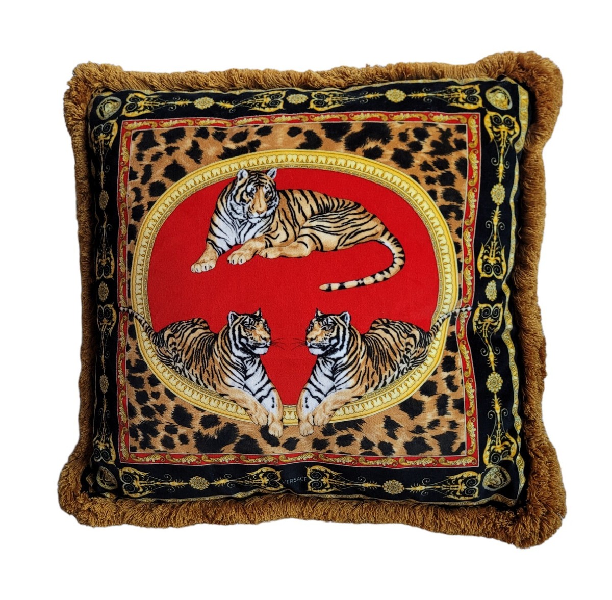 VERSACE ヴェルサーチ ベルベット タイガー クッション Vintage Versace Velvet TIGER Decorative Pillow Fringe Red Made in