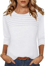 Pleated 3/4 Sleeve Womens Blouse Crew Neck Lightweight Casual Top S-XXL Summer
