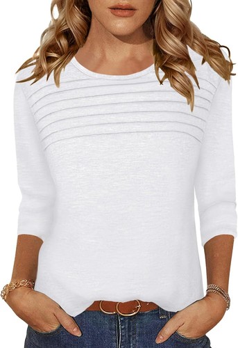 Pleated 3/4 Sleeve Womens Blouse Crew Neck Lightweight Casual Top S-XXL Summer