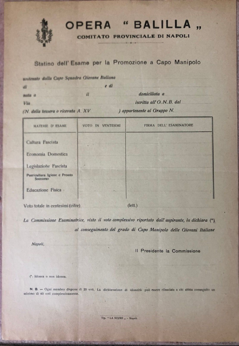 Rarissimo Documento Fascismo Opera Balilla Statino Promozione Capo